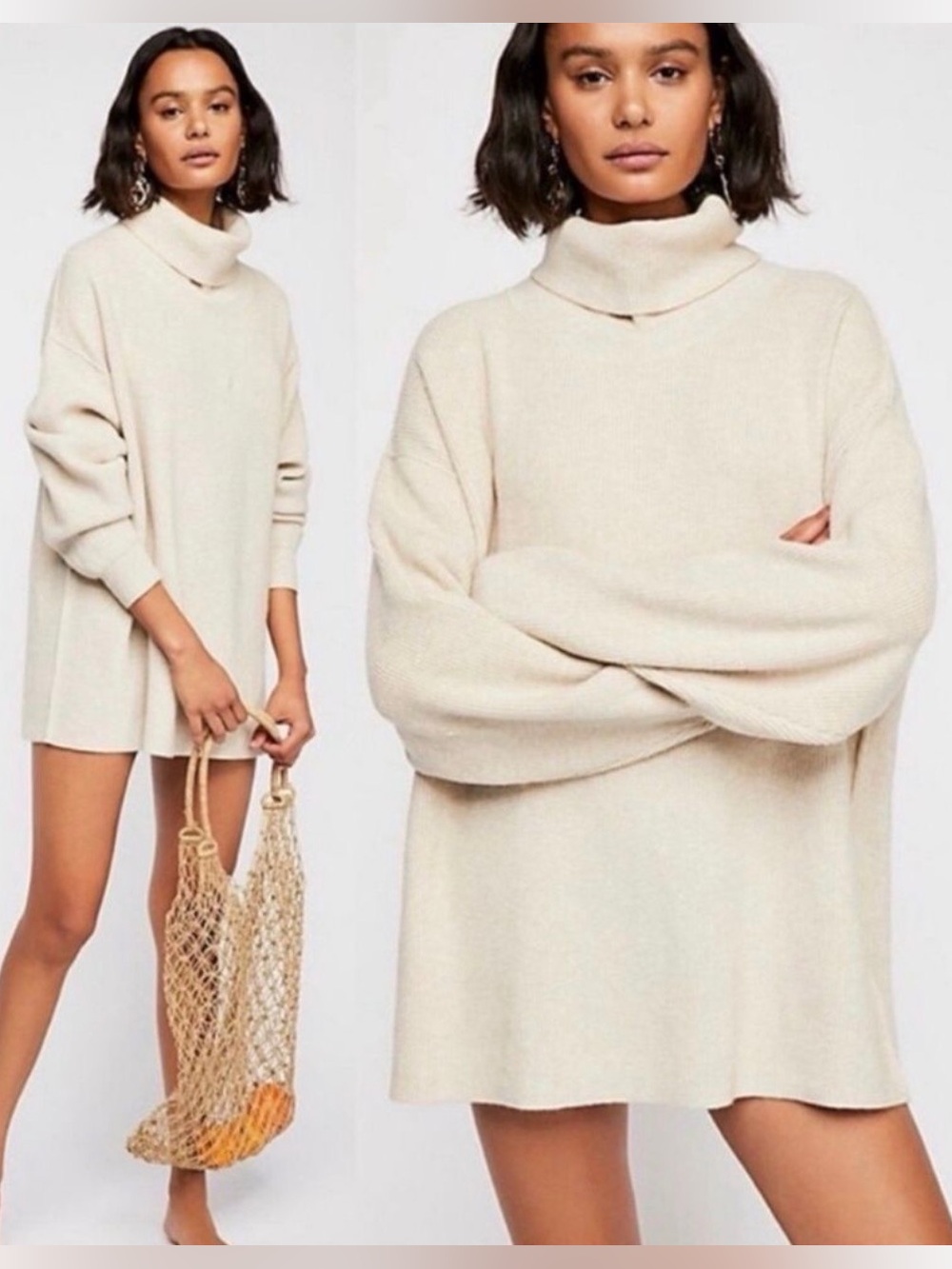 Free People Oversized Ribbed Turtleneck Sweater Oatmeal Beige Size L - Picture 12 of 12